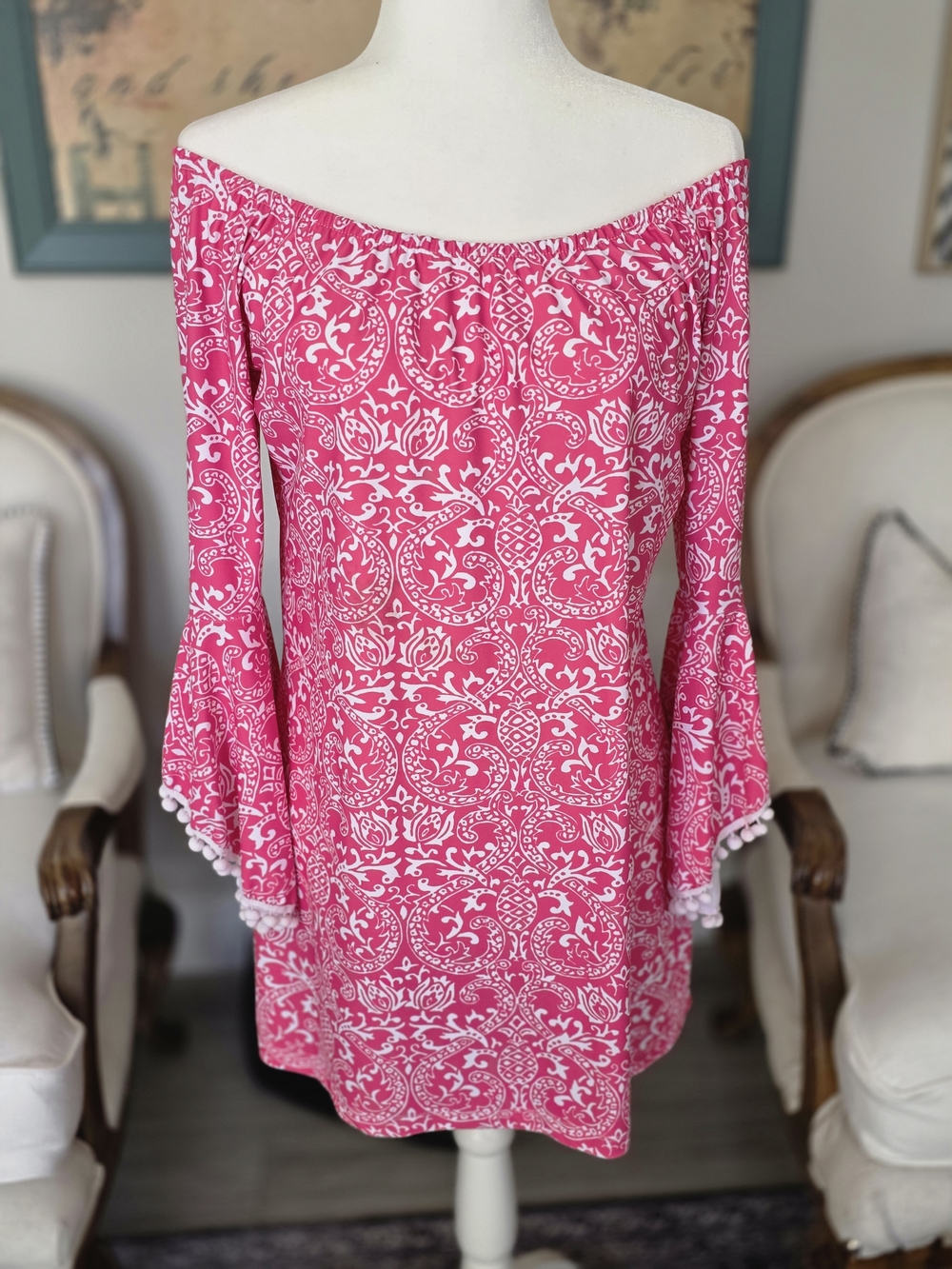 Palm Beach Boutique One-Shoulder Pink and White Patterned Dress